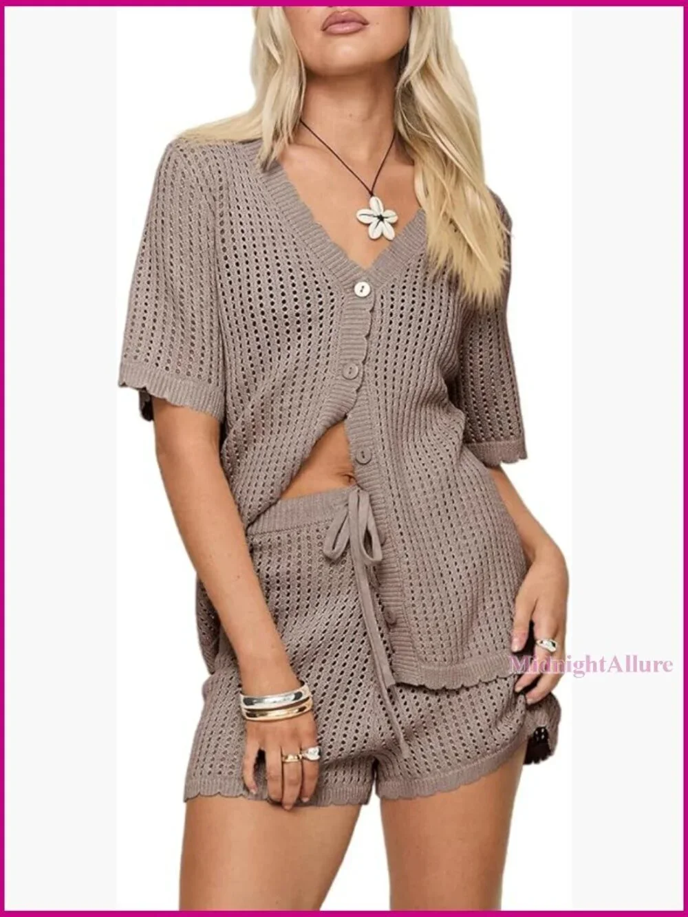 Crochet Swimsuit Coverup Set Short Sleeve V Neck Button Top Drawstring Shorts